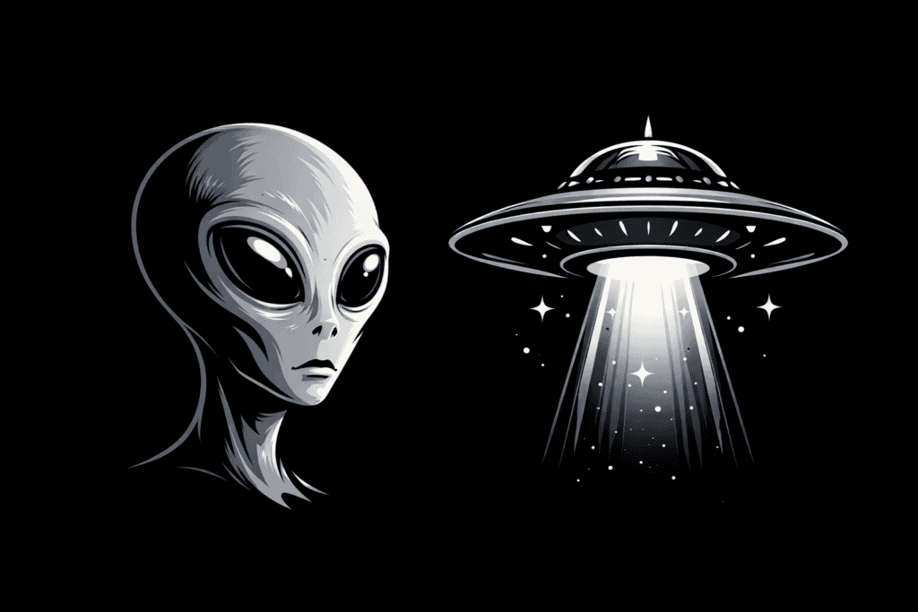 Eine Graustufen-Illustration eines Außerirdischen mit großen schwarzen Augen neben einem leuchtenden UFO, das Licht nach unten abstrahlt, vor einem schwarzen Hintergrund mit funkelnden Sternen. | alien-fakten.de