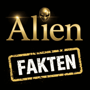 Der goldene Text lautet Alien mit einem Alien-Kopf über dem i und einem Glitzern auf dem A. Darunter steht in fetten weißen Buchstaben FAKTEN" in einem gelben, beschädigten rechteckigen Rahmen auf schwarzem Hintergrund - perfekt für Fans von Prä-Astronautik oder Alien Fakten. | alien-fakten.de