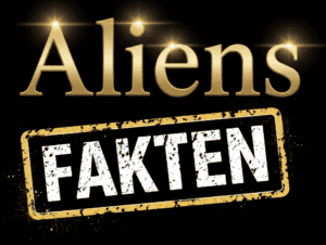Goldfarbener Text Aliens mit Sternen über den Buchstaben und ein weißes, beschädigtes Etikett im Stil einer Briefmarke mit der Aufschrift FAKTEN in Gold, beides auf schwarzem Hintergrund. | alien-fakten.de