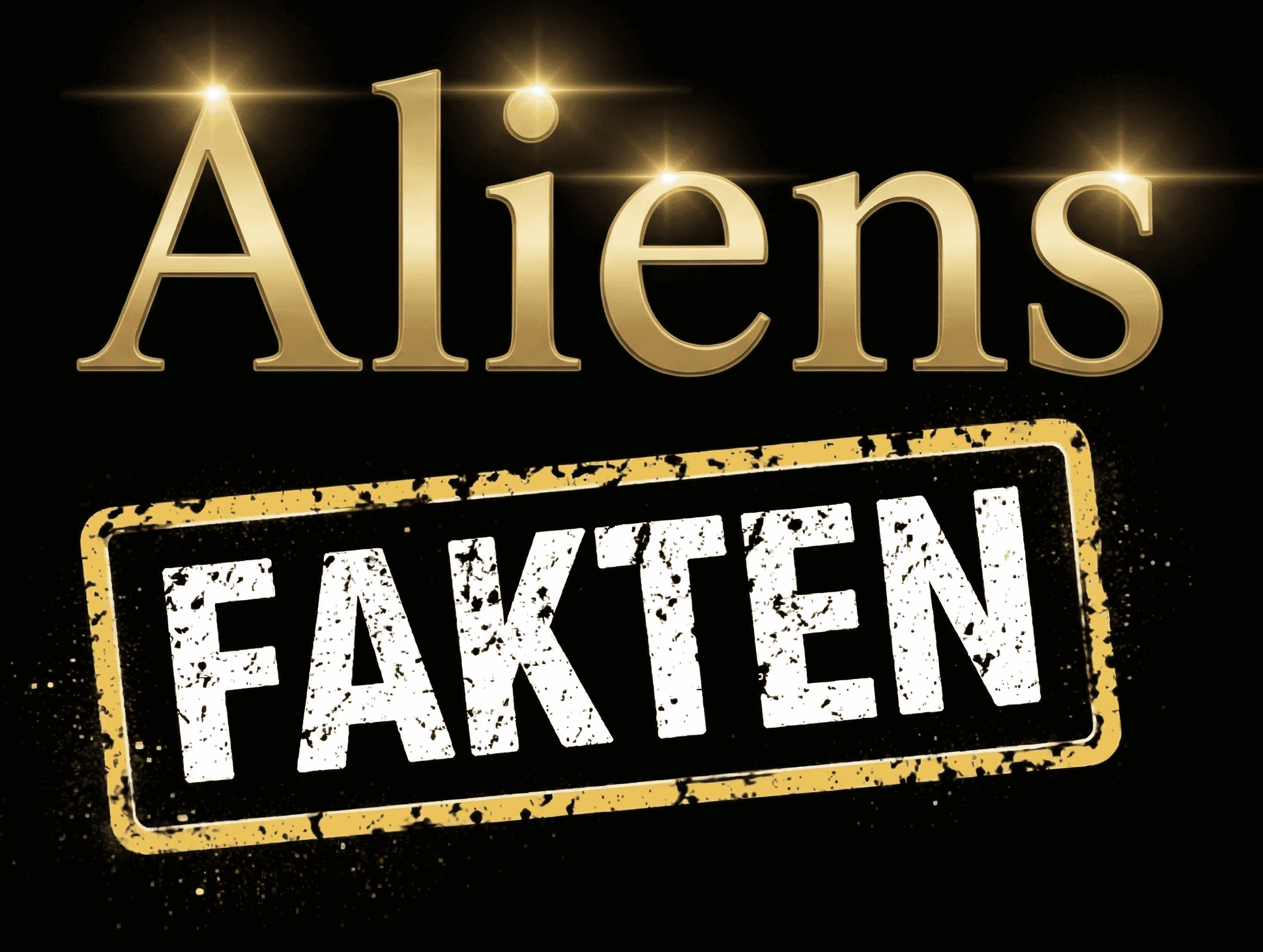 Goldfarbener Text Aliens mit Sternen über den Buchstaben und ein weißes, beschädigtes Etikett im Stil einer Briefmarke mit der Aufschrift FAKTEN in Gold, beides auf schwarzem Hintergrund. | alien-fakten.de