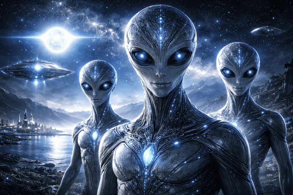 Drei große, blauhäutige Sirius-Aliens mit großen schwarzen Augen und leuchtend blauen Markierungen stehen an einem See unter einem sternenklaren Nachthimmel, mit Raumschiffen und Bergen im Hintergrund. | alien-fakten.de