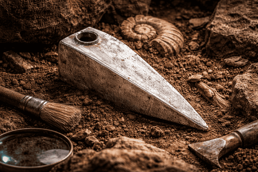 Ein metallischer keilförmiger Gegenstand, der dem Aiud-Artefakt ähnelt, liegt im Dreck zwischen Steinen, einer Lupe, einem Pinsel und einem versteinerten Ammoniten, was an eine archäologische Ausgrabungsszene erinnert. | alien-fakten.de