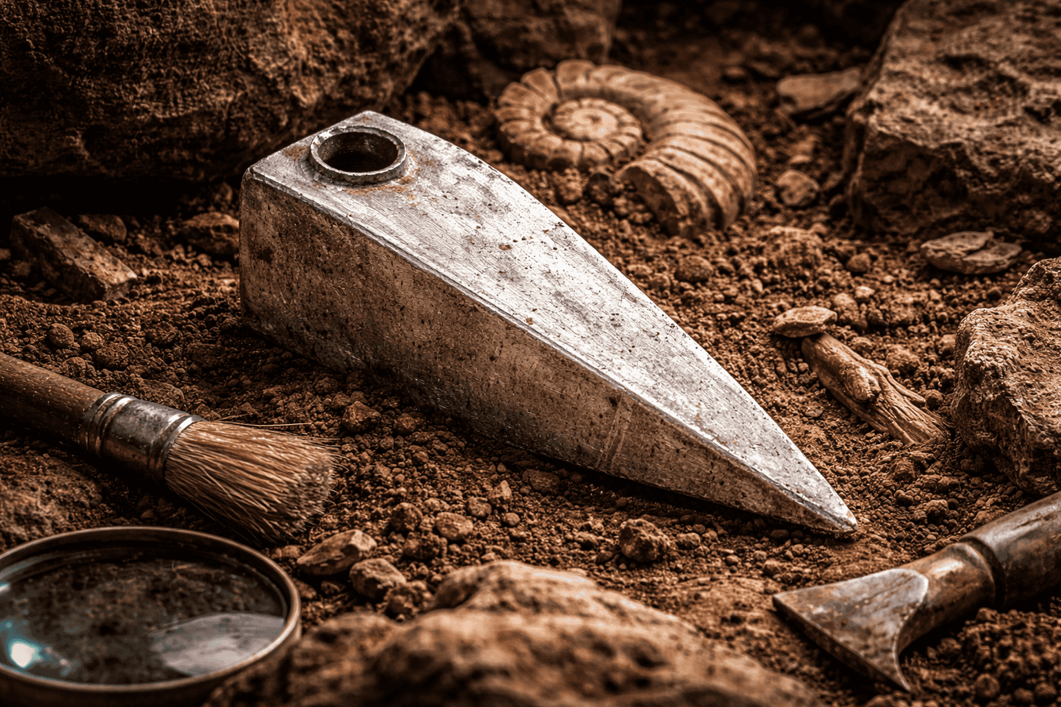 Ein metallischer keilförmiger Gegenstand, der dem Aiud-Artefakt ähnelt, liegt im Dreck zwischen Steinen, einer Lupe, einem Pinsel und einem versteinerten Ammoniten, was an eine archäologische Ausgrabungsszene erinnert. | alien-fakten.de