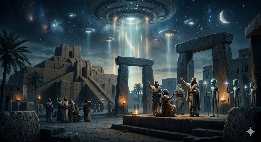 Uralte Menschen in Gewändern versammeln sich nachts um steinerne Ruinen, während ein großes UFO und kleinere fliegende Untertassen über ihnen schweben und Lichtstrahlen ausstrahlen. Außerirdische Figuren stehen in der Nähe unter einem Sternenhimmel mit Monden und antiken Strukturen. | alien-fakten.de