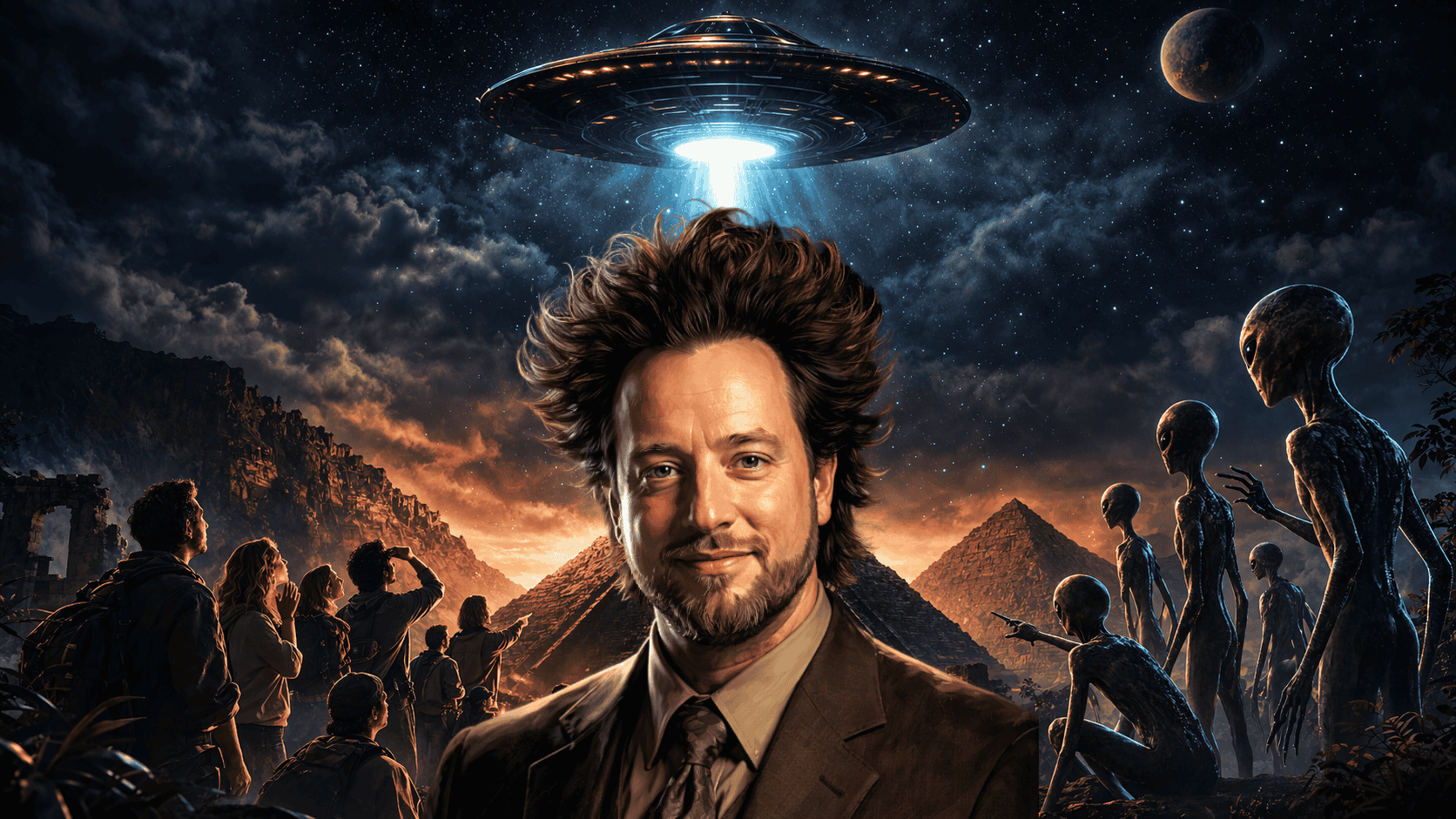 Ancient Aliens Moderator Tsoukalos mit wildem Haar steht lächelnd vor nächtlichen Pyramiden, während ein großes UFO Licht auf sie herabstrahlt. Menschen und Außerirdische blicken unter einem dramatischen Sternenhimmel mit Planeten nach oben - und fangen damit das Geheimnis von Ancient Aliens und der Theorie der antiken Astronauten ein. | alien-fakten.de