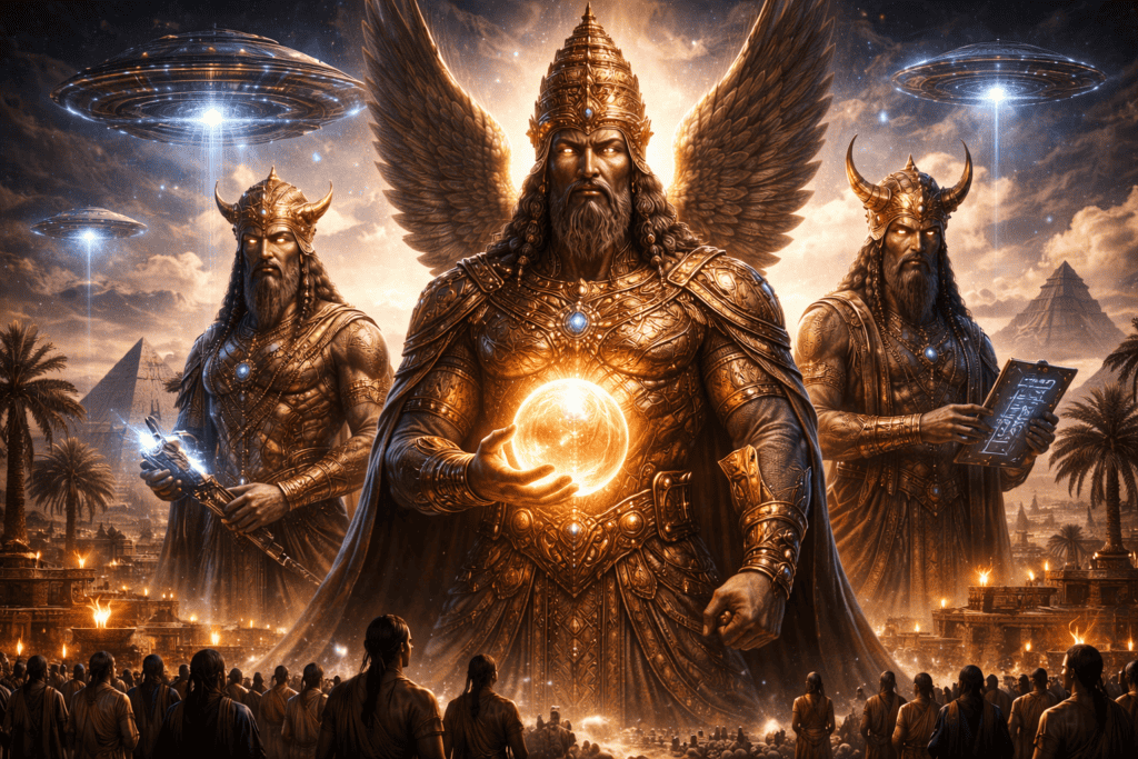 Drei mächtige, geflügelte Anunnaki-Götter in kunstvollen Rüstungen stehen inmitten leuchtender Pyramiden und Palmen und halten mystische Gegenstände in der Hand, während über ihnen UFOs schweben und die Menschenmenge staunend zusieht. | alien-fakten.de
