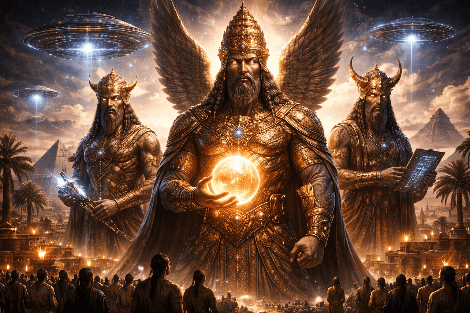 Drei mächtige, geflügelte Anunnaki-Götter in kunstvollen Rüstungen stehen inmitten leuchtender Pyramiden und Palmen und halten mystische Gegenstände in der Hand, während über ihnen UFOs schweben und die Menschenmenge staunend zusieht. | alien-fakten.de