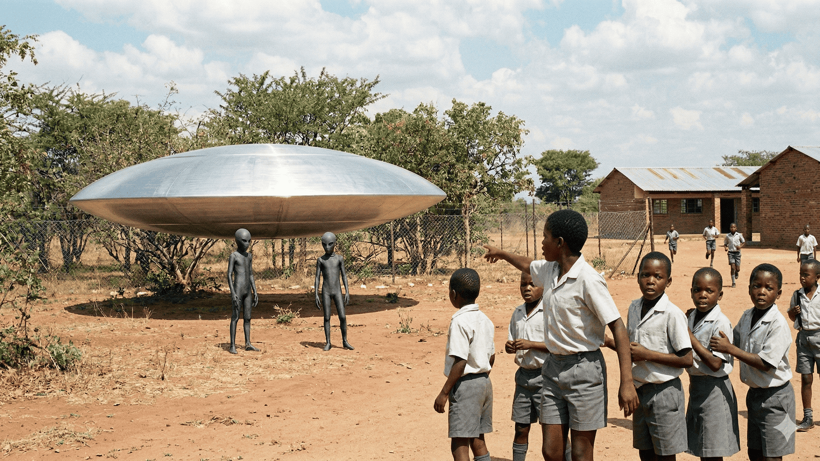 Eine Gruppe von Schulkindern in Uniformen geht im Freien spazieren und starrt auf eine silberne fliegende Untertasse, vor der zwei humanoide Figuren stehen. Im Hintergrund sind Bäume und gemauerte Schulgebäude zu sehen. | alien-fakten.de