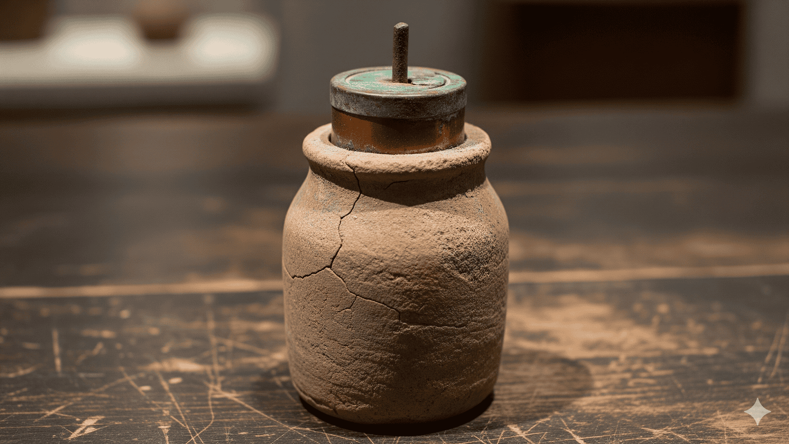 Nahaufnahme eines antiken Tongefäßes mit sichtbaren Rissen, das mit einem Metallstab und einer Scheibe versehen ist; das Objekt ruht auf einer dunklen, abgenutzten Oberfläche bei schwacher Beleuchtung. | alien-fakten.de