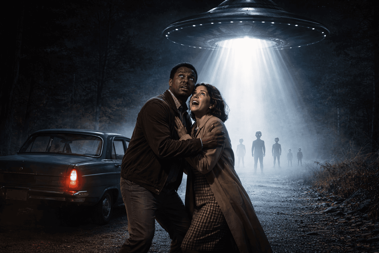 Ein verängstigter Mann und eine verängstigte Frau klammern sich auf einem dunklen Waldweg aneinander, als ein UFO einen hellen Strahl auf sie abstrahlt. Hinter ihnen nähern sich drei außerirdische Silhouetten, und in der Nähe parkt ein altes Auto - wie das, das Betty und Barney Hill 1961 fuhren. | alien-fakten.de
