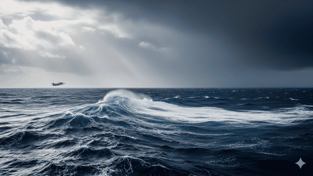 Eine dramatische Meereslandschaft mit großen, kabbeligen Wellen unter einem stürmischen Himmel. Das Sonnenlicht dringt durch die dunklen Wolken und beleuchtet das Meer, während in der Ferne ein Flugzeug über das raue Wasser fliegt. | alien-fakten.de