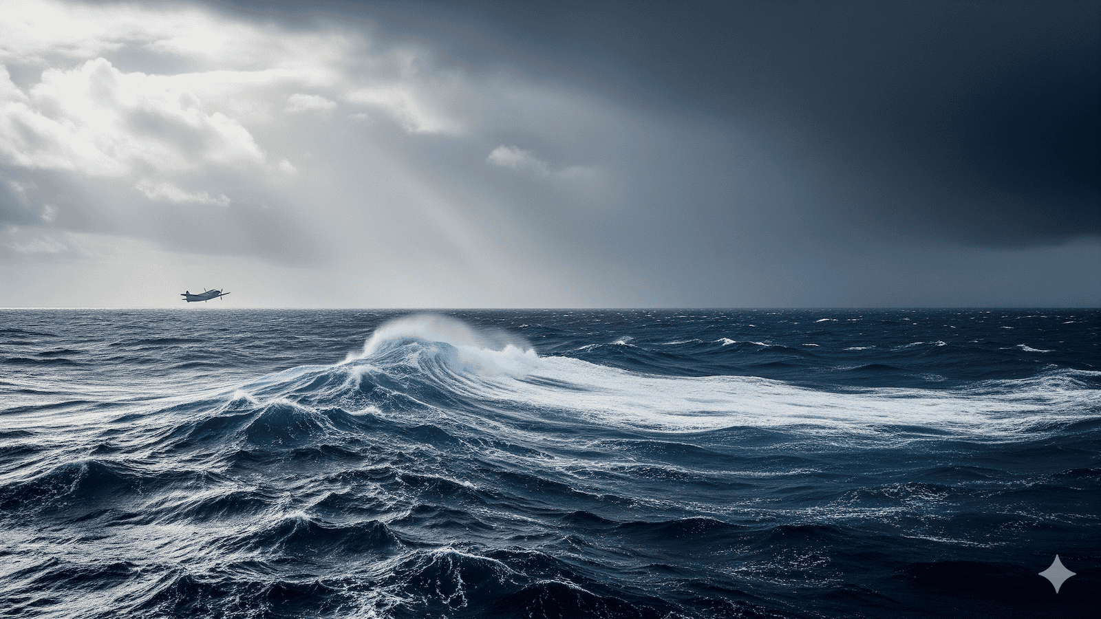 Eine dramatische Meereslandschaft mit großen, kabbeligen Wellen unter einem stürmischen Himmel. Das Sonnenlicht dringt durch die dunklen Wolken und beleuchtet das Meer, während in der Ferne ein Flugzeug über das raue Wasser fliegt. | alien-fakten.de