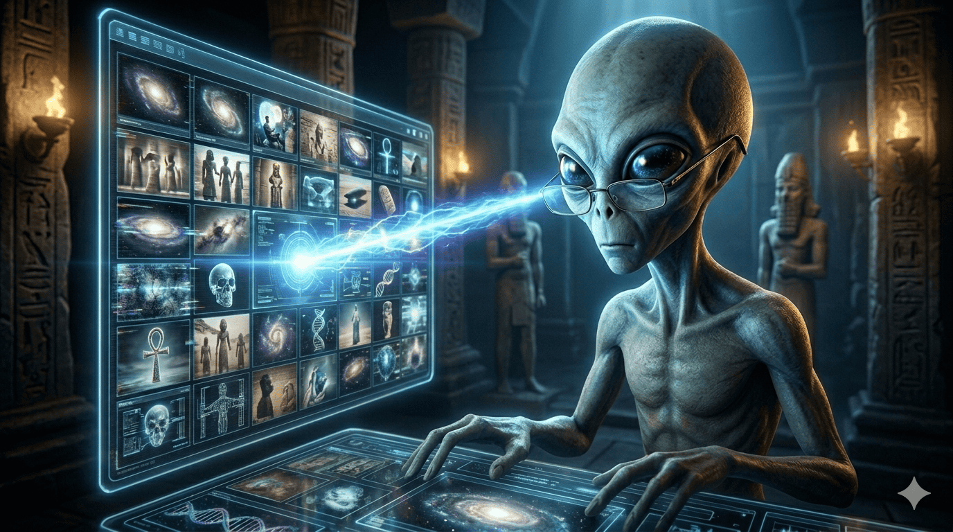 Ein grauer Außerirdischer mit Brille studiert einen futuristischen Touchscreen mit Galaxienbildern und schießt einen blauen Energiestrahl aus seinen Augen. Uralte Statuen und Fackeln säumen den steinernen, geheimnisvollen Hintergrund. | alien-fakten.de