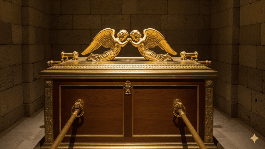 Eine goldene Truhe mit zwei skulptierten Engeln, die sich auf der Oberseite gegenüberstehen, steht an einer Steinwand in einem schwach beleuchteten Raum. | alien-fakten.de