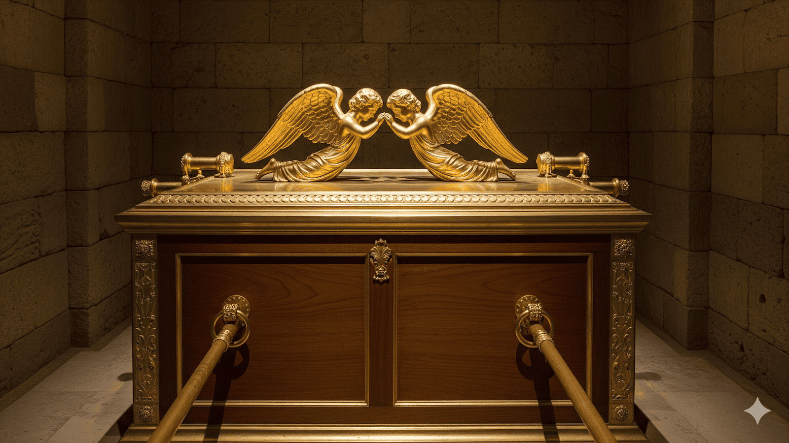 Eine goldene Truhe mit zwei skulptierten Engeln, die sich auf der Oberseite gegenüberstehen, steht an einer Steinwand in einem schwach beleuchteten Raum. | alien-fakten.de