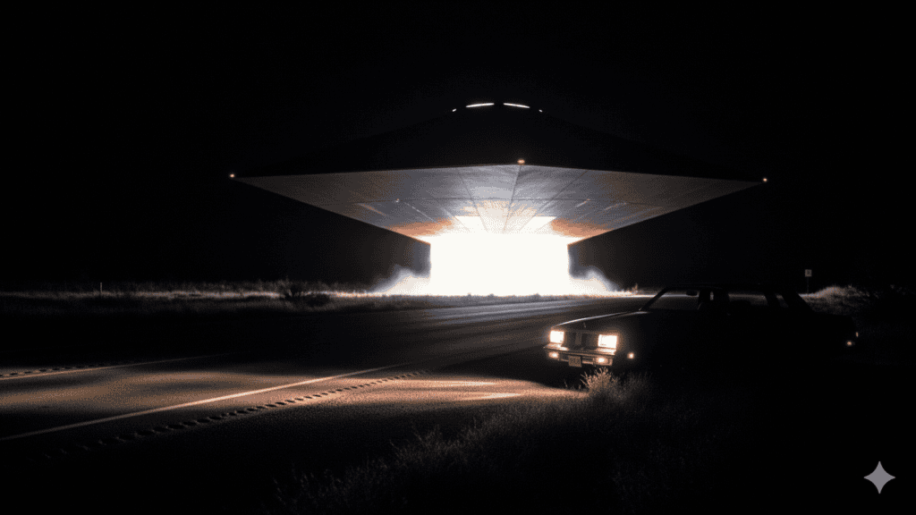 Ein großes, dreieckiges UFO schwebt nachts über einer dunklen Straße und strahlt helles weißes Licht aus. Ein stehendes Auto mit eingeschalteten Scheinwerfern ist in der Nähe geparkt und wird teilweise vom Schein des UFOs beleuchtet. | alien-fakten.de
