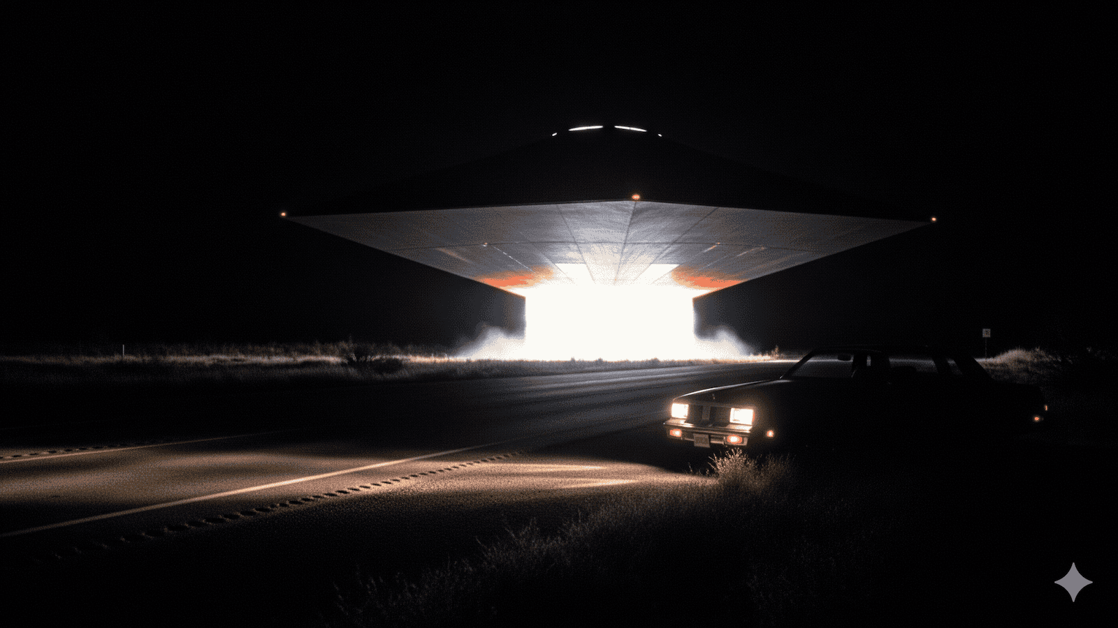 Ein großes, dreieckiges UFO schwebt nachts über einer dunklen Straße und strahlt helles weißes Licht aus. Ein stehendes Auto mit eingeschalteten Scheinwerfern ist in der Nähe geparkt und wird teilweise vom Schein des UFOs beleuchtet. | alien-fakten.de