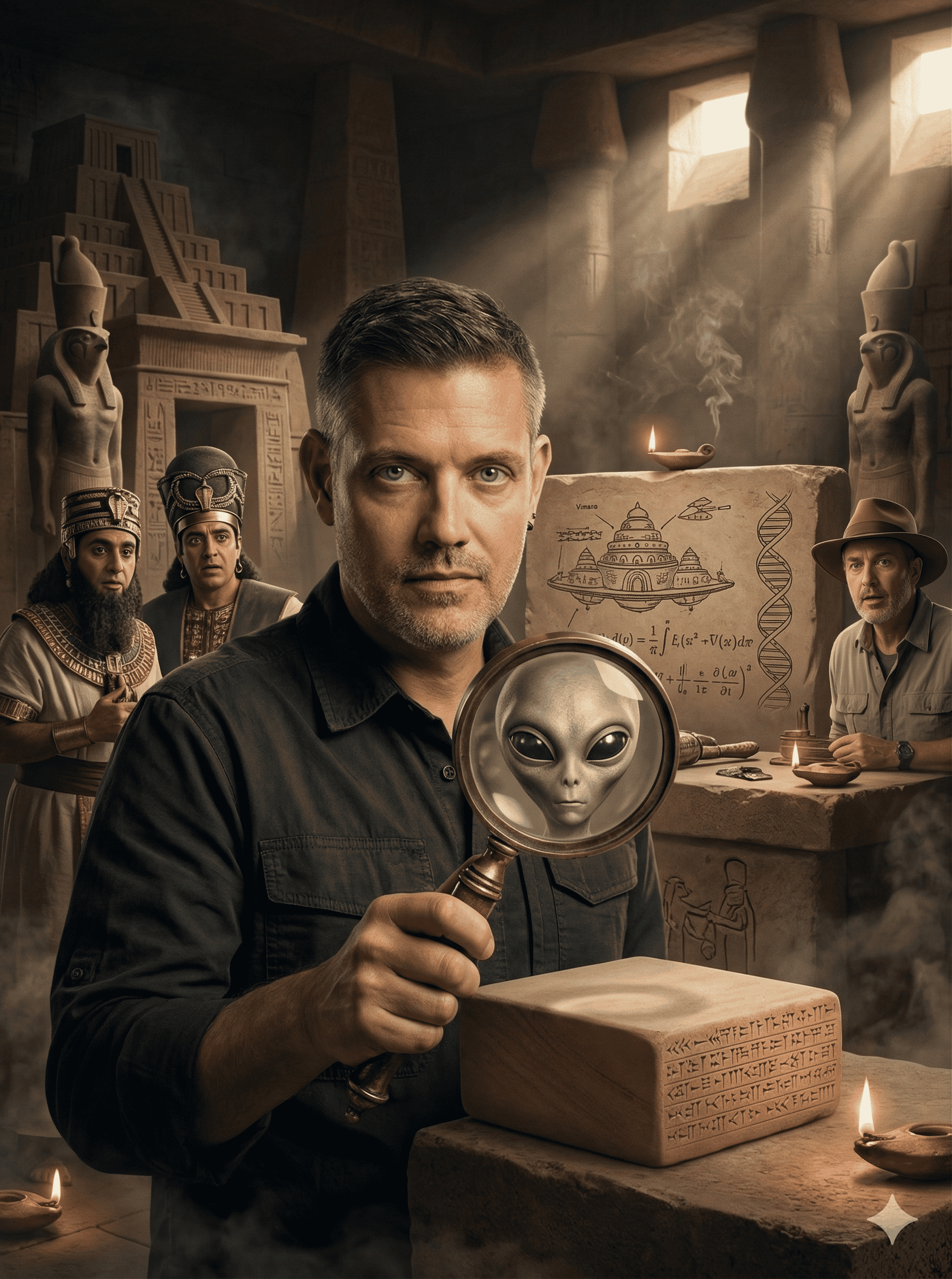 Ein Mann in moderner Kleidung hält ein Vergrößerungsglas über eine Steintafel, die ein fremdes Gesicht zeigt. Hinter ihm arbeiten Menschen, die wie alte Ägypter gekleidet sind, und ein Archäologe in einem Tempel mit Hieroglyphen, Pyramiden und DNA-Symbolen. | alien-fakten.de