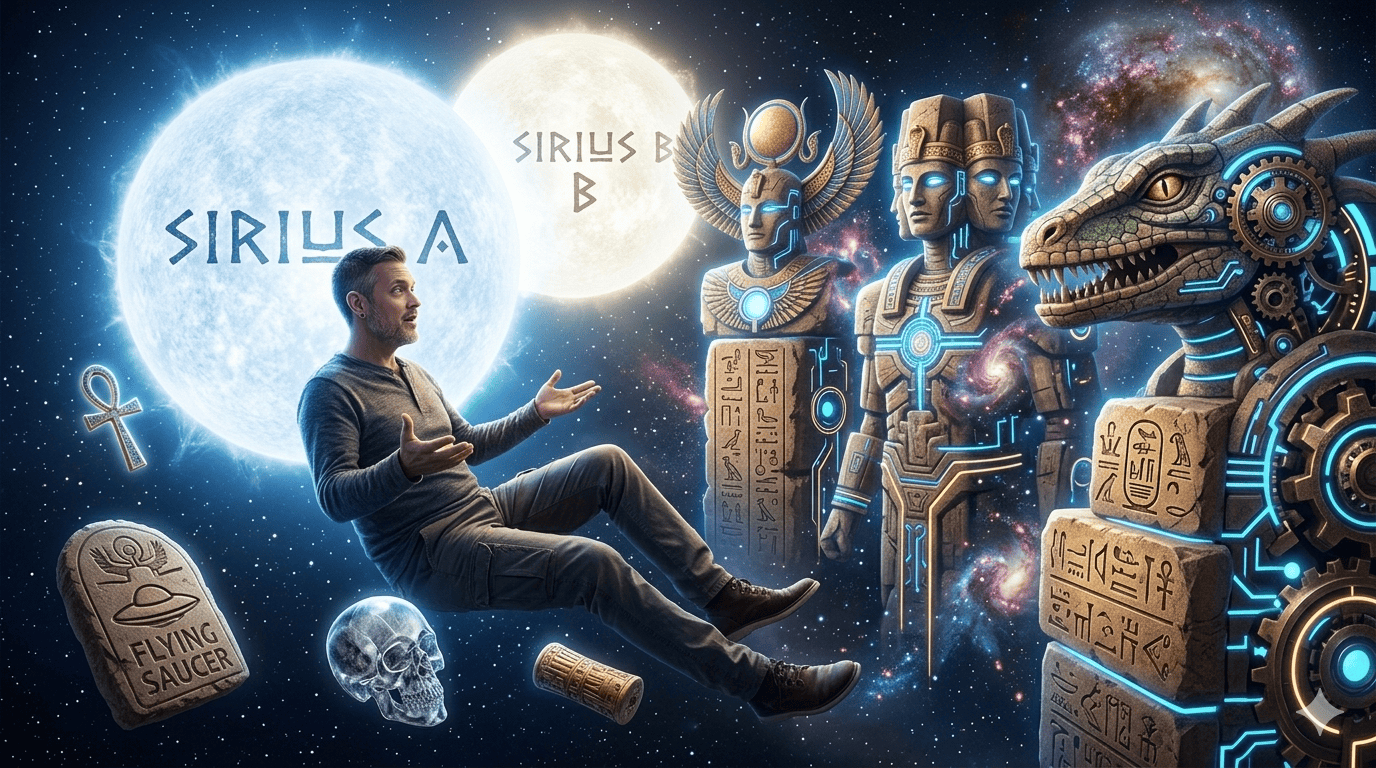 Ein Mann schwebt im Weltraum zwischen leuchtenden Sternen mit den Bezeichnungen Sirius A und Sirius B, umgeben von altägyptischen Statuen, Hieroglyphentafeln, einem leuchtenden Ankh, einem Schädel und einem Roboter-Dinosaurier mit ägyptischen Motiven. | alien-fakten.de
