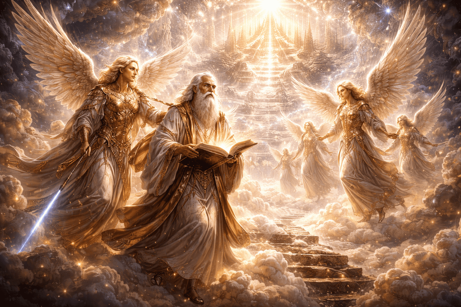 Eine Gruppe leuchtender Engel mit Flügeln und wallenden Gewändern steht auf einer Wolkentreppe, einer hält ein Schwert, ein anderer liest Das Buch Henoch, alles in goldenes Licht getaucht unter einem strahlenden, himmlischen Himmel. | alien-fakten.de