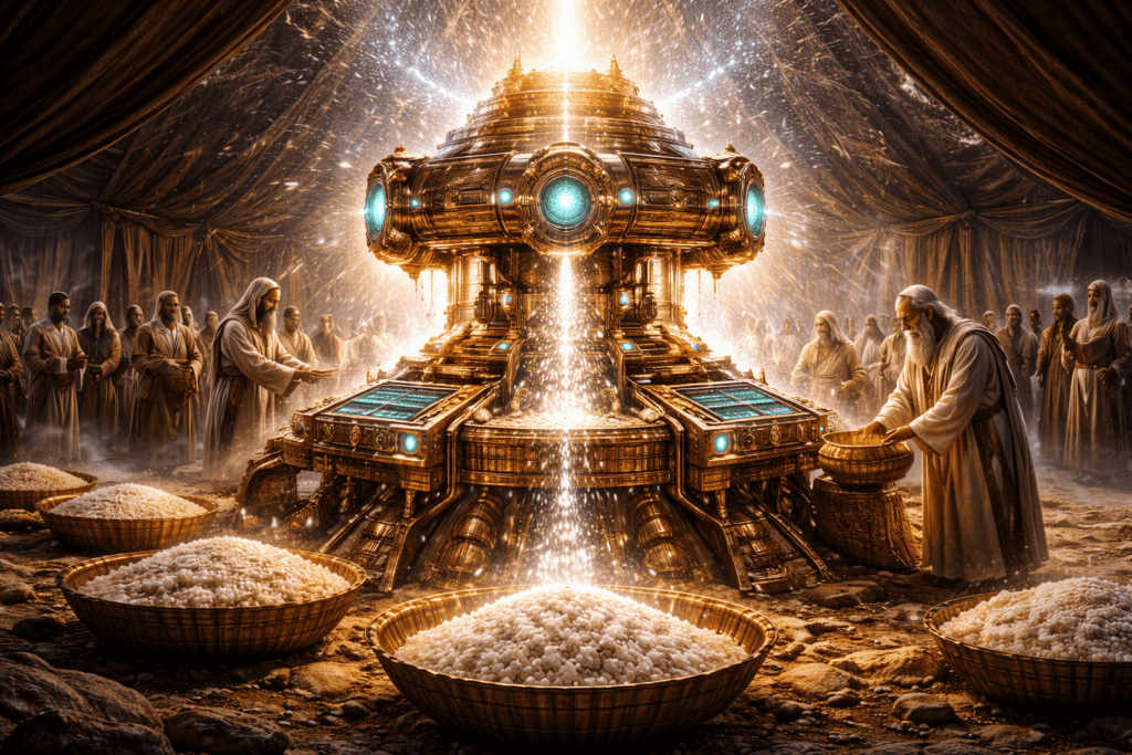 Eine Gruppe gewandeter Gestalten versammelt sich um ein leuchtendes, verziertes Mana-Maschine-Konzept, das Licht und Energie ausstrahlt. Davor stehen große Körbe mit weißen Körnern, die in einer zeltartigen Struktur aufgestellt sind. | alien-fakten.de