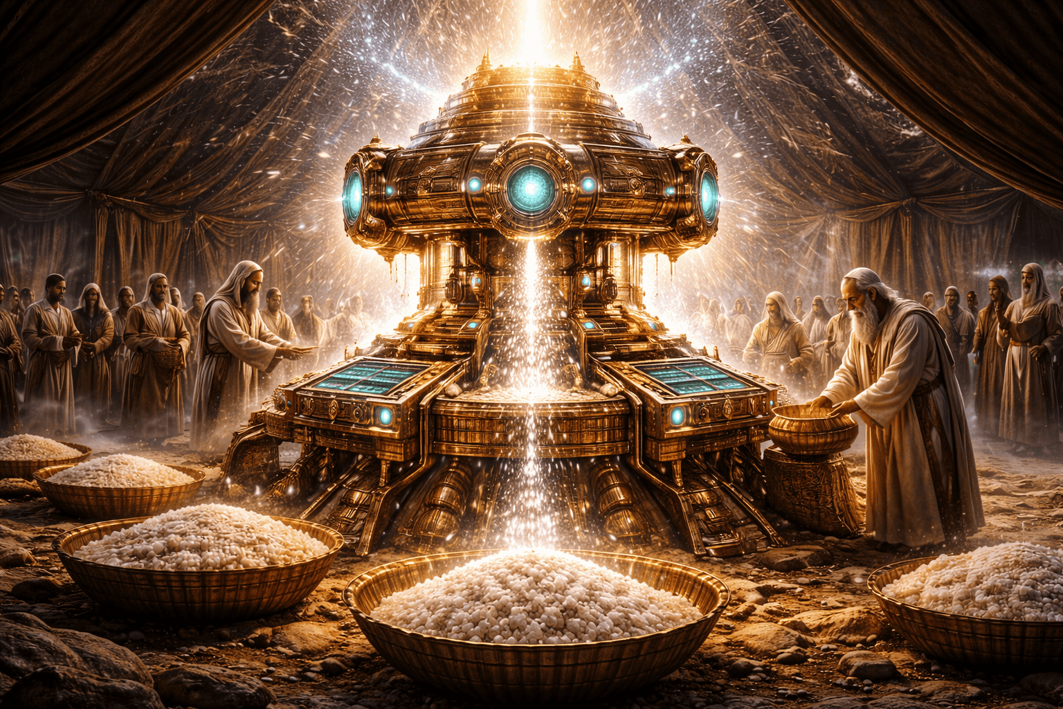 Eine Gruppe gewandeter Gestalten versammelt sich um ein leuchtendes, verziertes Mana-Maschine-Konzept, das Licht und Energie ausstrahlt. Davor stehen große Körbe mit weißen Körnern, die in einer zeltartigen Struktur aufgestellt sind. | alien-fakten.de