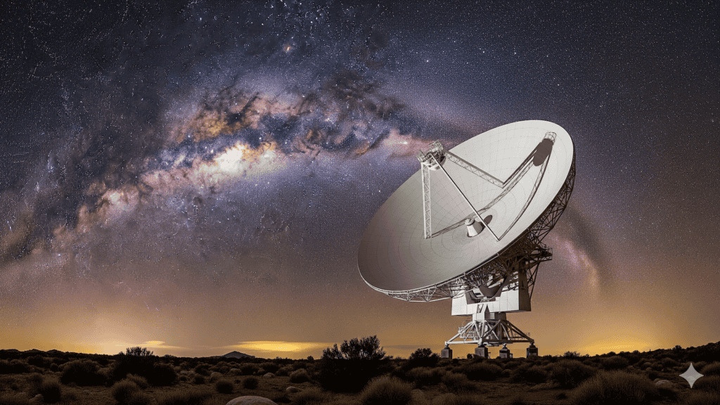Eine große Radioteleskopschüssel steht in einer Wüstenlandschaft unter einem dramatischen, sternenübersäten Nachthimmel, wobei die Milchstraße deutlich über dem Horizont zu sehen ist. | alien-fakten.de