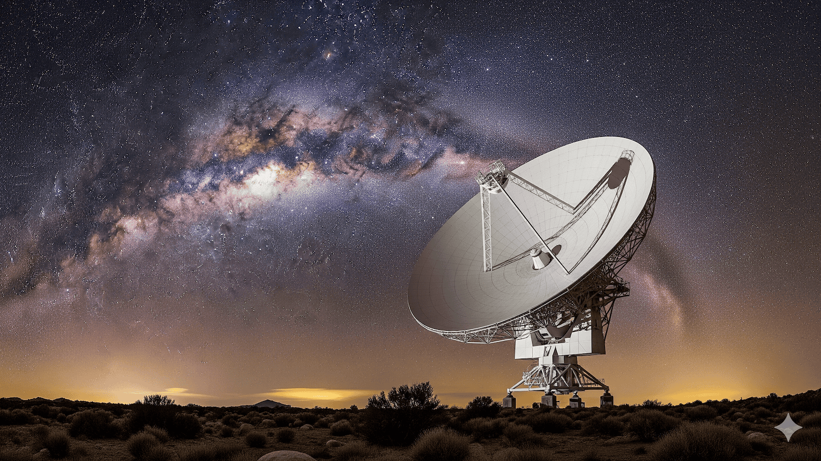 Eine große Radioteleskopschüssel steht in einer Wüstenlandschaft unter einem dramatischen, sternenübersäten Nachthimmel, wobei die Milchstraße deutlich über dem Horizont zu sehen ist. | alien-fakten.de