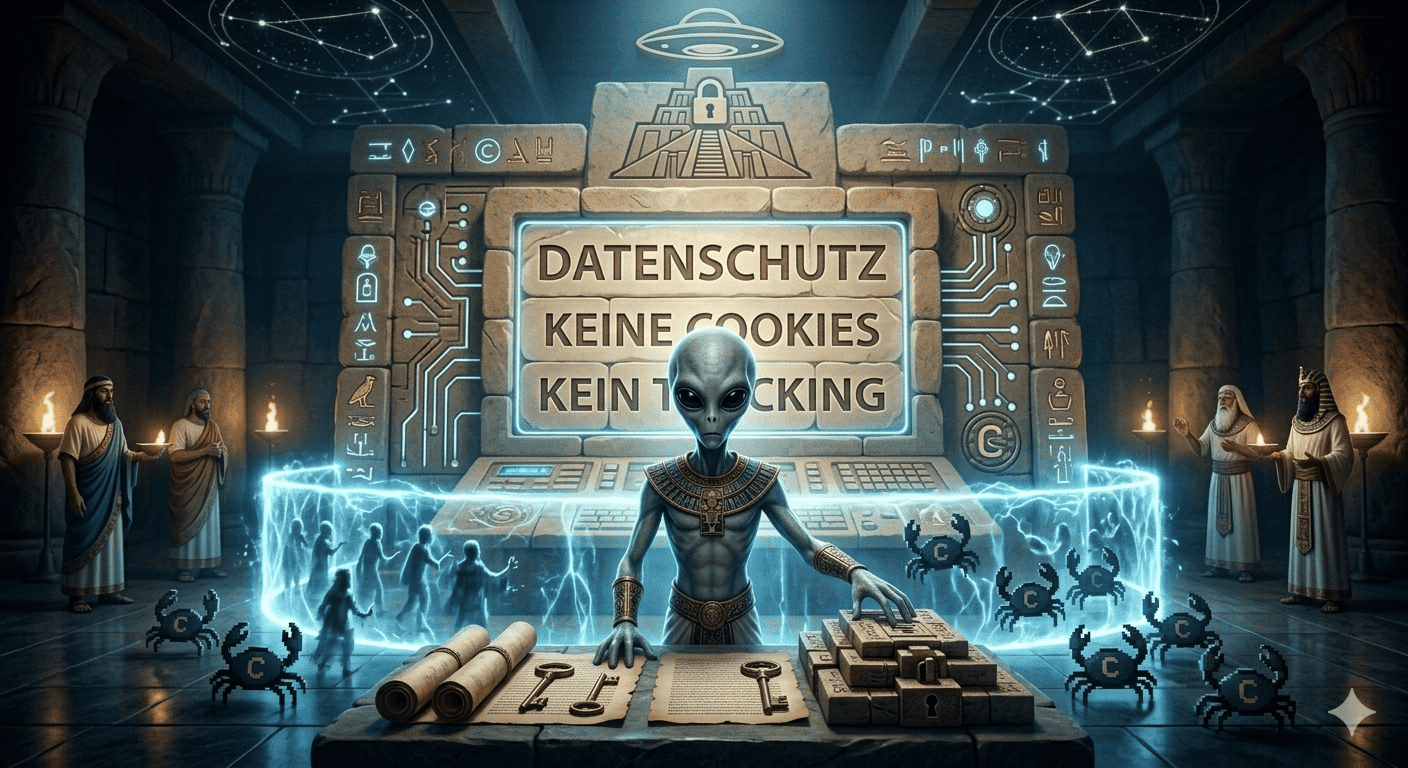 Ein Außerirdischer in altertümlicher Kleidung steht an einer futuristischen Schalttafel mit leuchtenden Symbolen. Dahinter zeigt ein großer Bildschirm DATENSCHUTZ KEINE COOKIES KEIN TRACKING und Datenschutzerklärung an. Kapuzengestalten und holografische Kreaturen umgeben die Szene. | alien-fakten.de