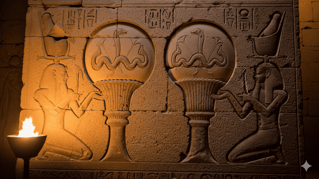 Die altägyptische Wandschnitzerei zeigt zwei kniende Figuren vor großen lotusförmigen Objekten mit Schlangen und Vögeln in Kreisen, die von einer Feuerfackel auf der linken Seite beleuchtet werden. | alien-fakten.de