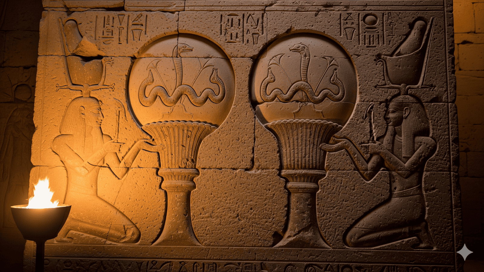 Die altägyptische Wandschnitzerei zeigt zwei kniende Figuren vor großen lotusförmigen Objekten mit Schlangen und Vögeln in Kreisen, die von einer Feuerfackel auf der linken Seite beleuchtet werden. | alien-fakten.de