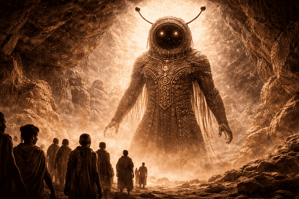 Eine Gruppe von Menschen in Gewändern steht in einer Felsenhöhle, möglicherweise in Tassili n'Ajjer, und blickt auf Marsgott, eine hoch aufragende, kunstvolle humanoide Gestalt mit leuchtenden Augen und Fühlern, die in eine aufwendige Rüstung gekleidet und von mystischem, goldenem Licht umgeben ist. | alien-fakten.de