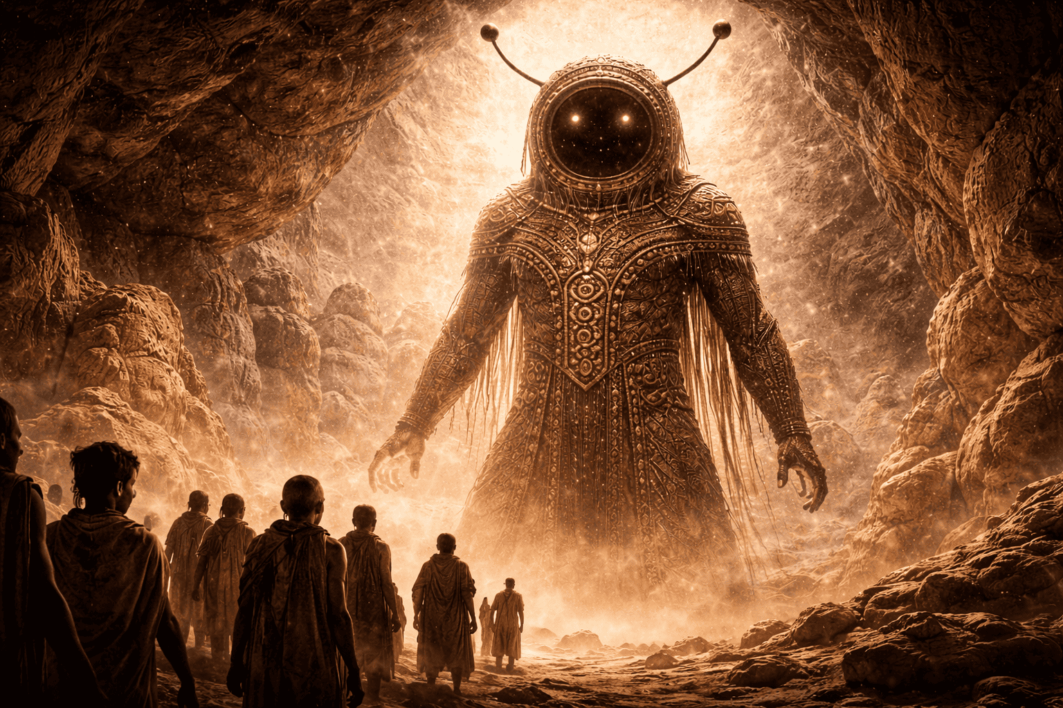 Eine Gruppe von Menschen in Gewändern steht in einer Felsenhöhle, möglicherweise in Tassili n'Ajjer, und blickt auf Marsgott, eine hoch aufragende, kunstvolle humanoide Gestalt mit leuchtenden Augen und Fühlern, die in eine aufwendige Rüstung gekleidet und von mystischem, goldenem Licht umgeben ist. | alien-fakten.de