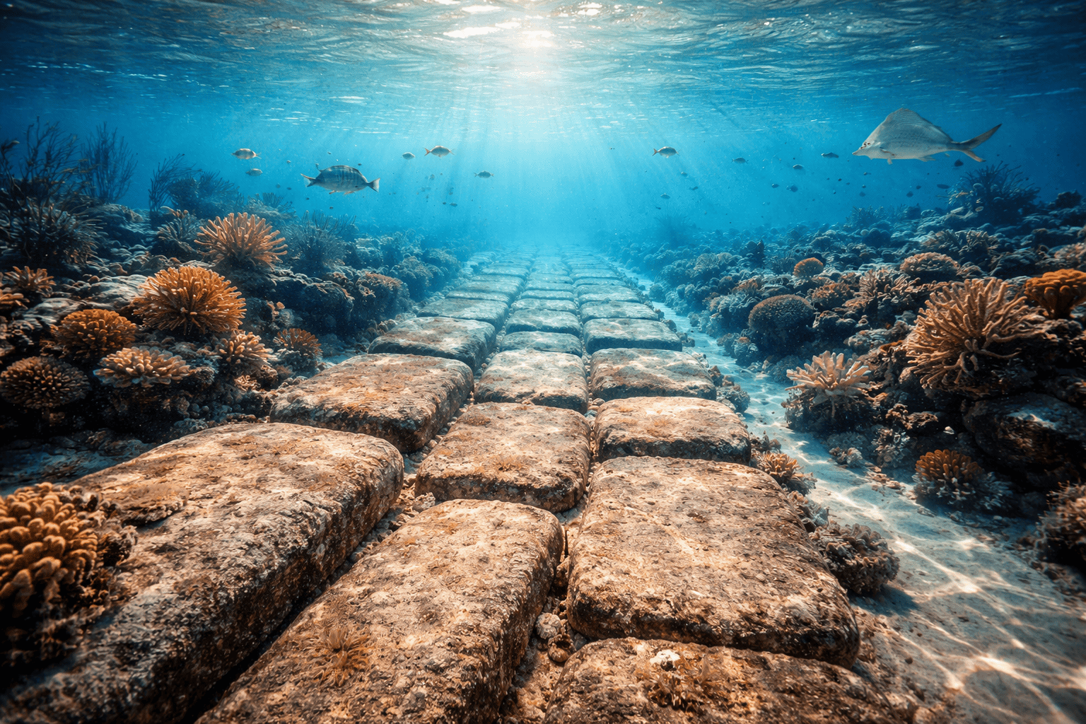 Eine sonnenbeschienene Unterwasserszene zeigt einen Pfad aus großen Steinblöcken, von denen man annimmt, dass sie Teil der Bimini Road sind, umgeben von Korallen und Fischen, der in die Ferne unter den Ozean führt. Ein Rochen schwimmt darüber, während das Sonnenlicht durch das klare blaue Wasser fällt. | alien-fakten.de