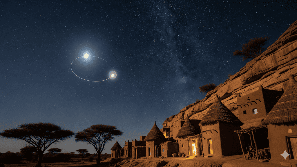 Ein sternenklarer Nachthimmel mit zwei hellen Kugeln und wirbelnden Lichtspuren über traditionellen runden Lehmhütten in der Nähe einer felsigen Klippe, beleuchtet von warmem, gelbem Licht. | alien-fakten.de