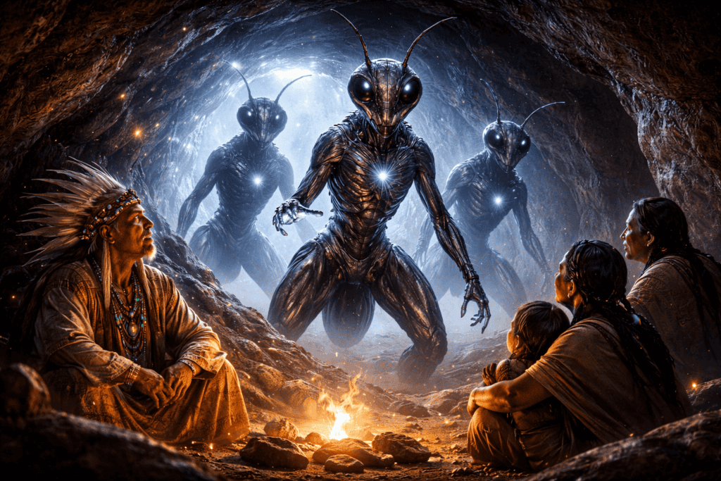 Eine Gruppe von Hopi-Indianern sitzt um ein Lagerfeuer in einer Höhle und beobachtet gespannt, wie drei bedrohliche Ameisenmenschen aus der Dunkelheit des Tunnels auftauchen - eine eindrucksvolle Mischung aus Science-Fiction und historischen Themen. | alien-fakten.de