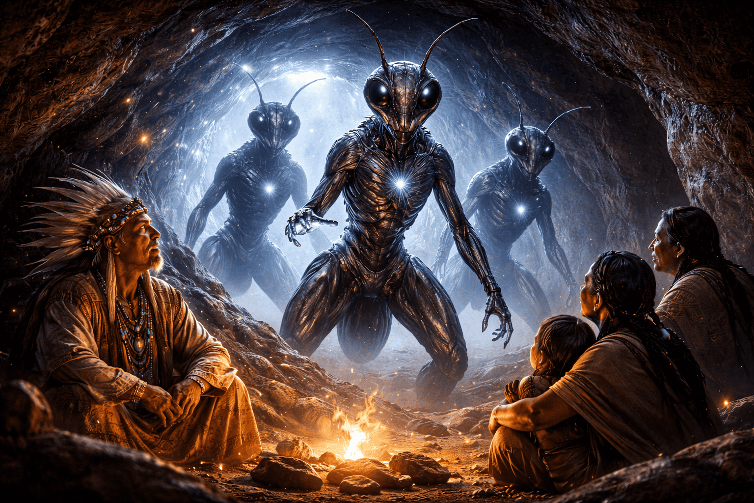 Eine Gruppe von Hopi-Indianern sitzt um ein Lagerfeuer in einer Höhle und beobachtet gespannt, wie drei bedrohliche Ameisenmenschen aus der Dunkelheit des Tunnels auftauchen - eine eindrucksvolle Mischung aus Science-Fiction und historischen Themen. | alien-fakten.de
