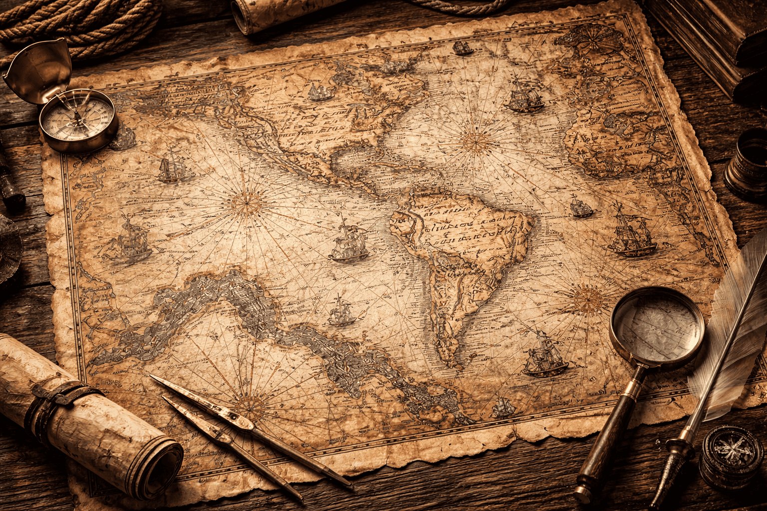 Auf einem Holztisch liegt eine alte Landkarte Amerikas, umgeben von einem Kompass, einer Lupe, Schriftrollen, Seilen und Zeichengeräten, die an die legendäre Piri Reis Karte erinnern und ein Gefühl von Entdeckung und Abenteuer hervorrufen. | alien-fakten.de