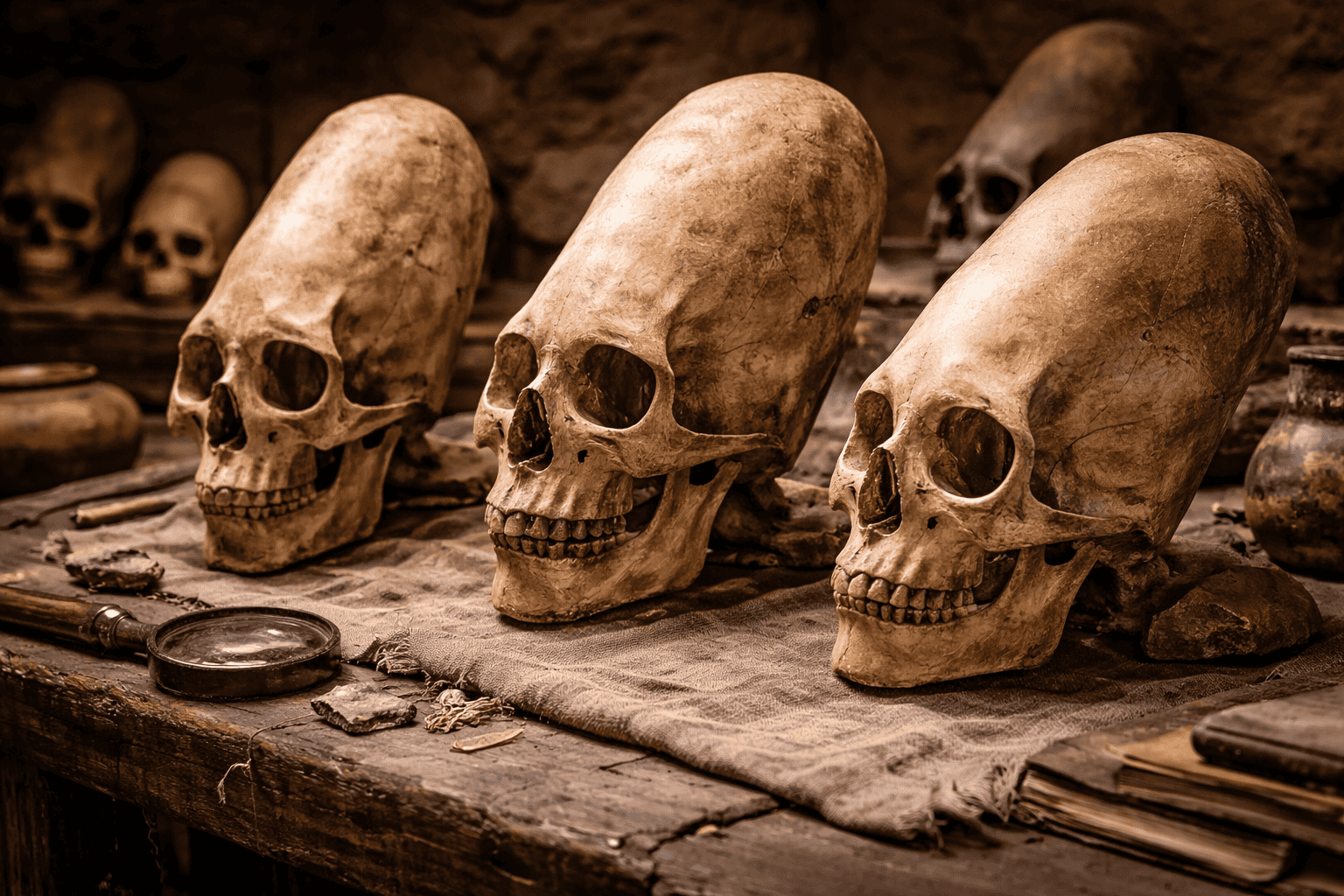 Drei längliche Paracas-Schädel sind auf einem mit Stoff bezogenen Holztisch ausgestellt, umgeben von verschiedenen Artefakten, darunter eine Lupe und Gläser, in einem schwach beleuchteten, historischen oder archäologischen Umfeld. | alien-fakten.de