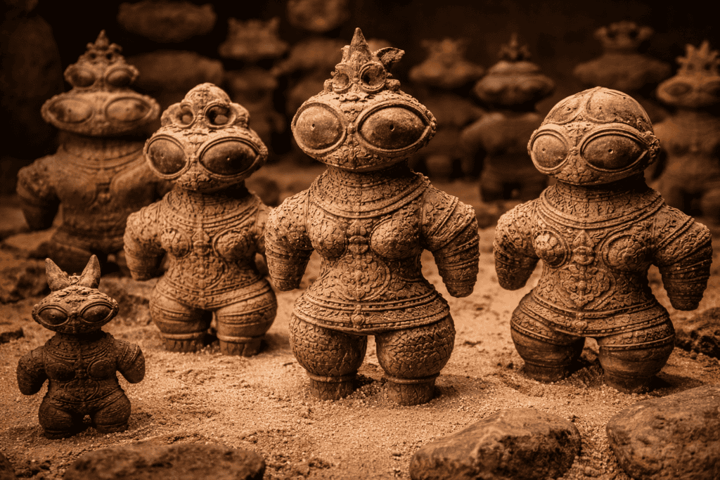 Eine Gruppe von vier antiken Dogū-Figuren, exquisit gearbeiteten Tonskulpturen mit großen runden Augen und komplizierten Mustern, steht auf sandigem Boden, umgeben von Steinen und weiteren Figuren im Hintergrund. | alien-fakten.de