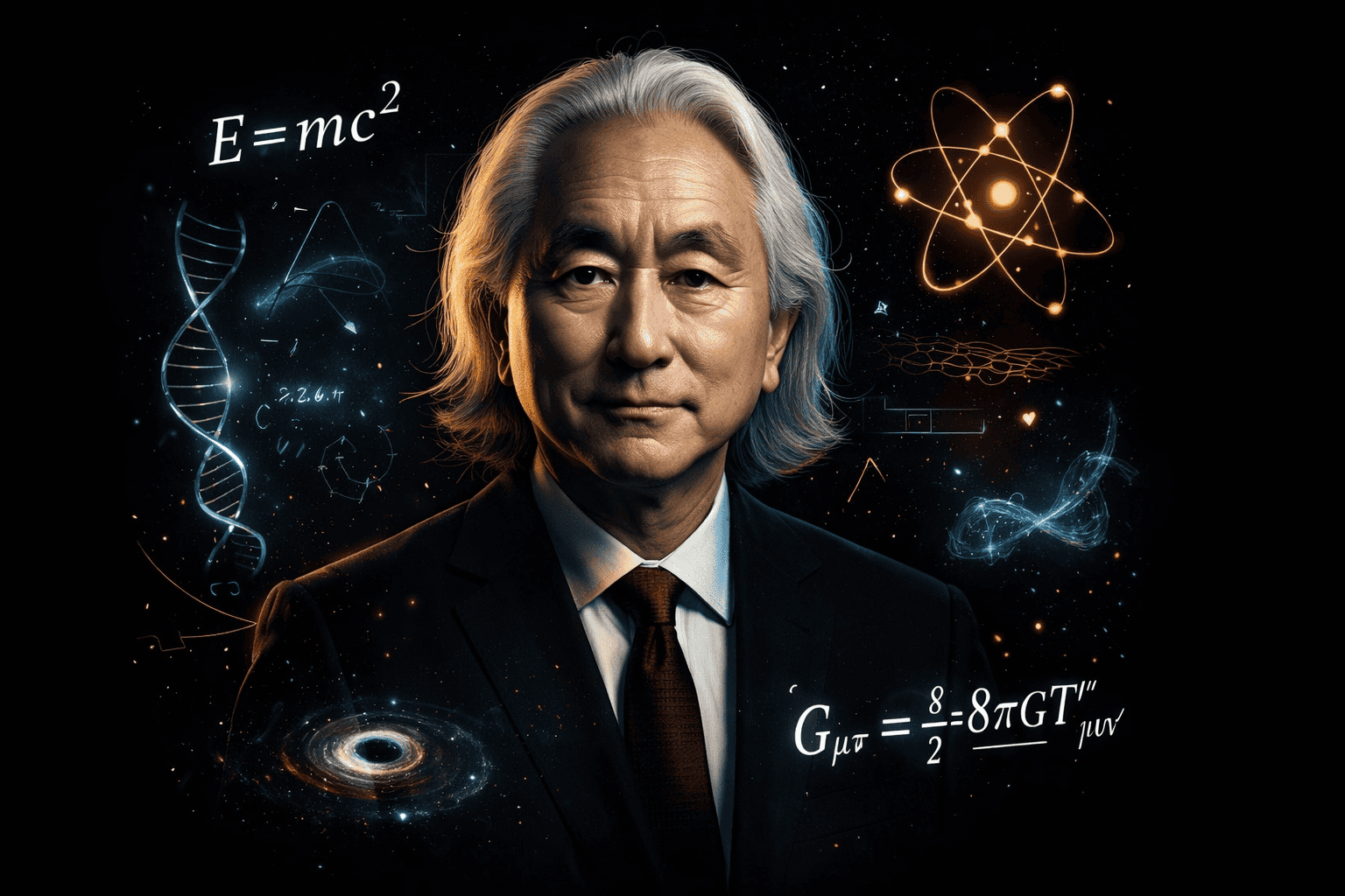 Ein distinguierter älterer Mann, der an Dr. Michio Kaku erinnert, steht in einem Anzug vor einem dunklen Hintergrund voller wissenschaftlicher Symbole - E=mc², DNA, Atommodelle, Gleichungen und ein schwarzes Loch - und repräsentiert die Welt der Physik und den Geist des Wissenschaftskommunikators. | alien-fakten.de