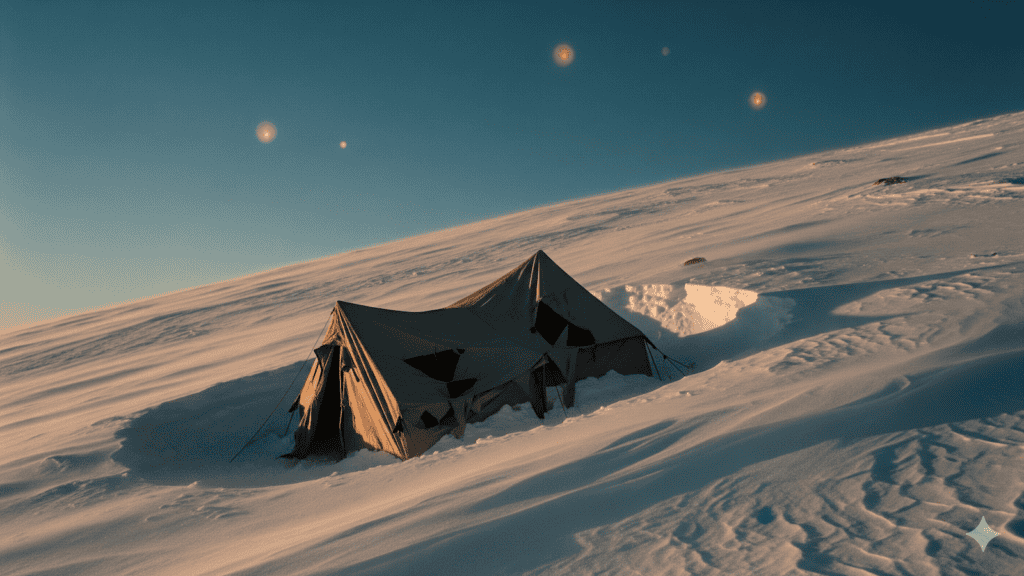 Ein Zelt steht teilweise versunken im tiefen Schnee auf einem verschneiten Hang unter einem klaren Himmel, über dem einige leuchtende Kugeln oder Sterne zu sehen sind. | alien-fakten.de