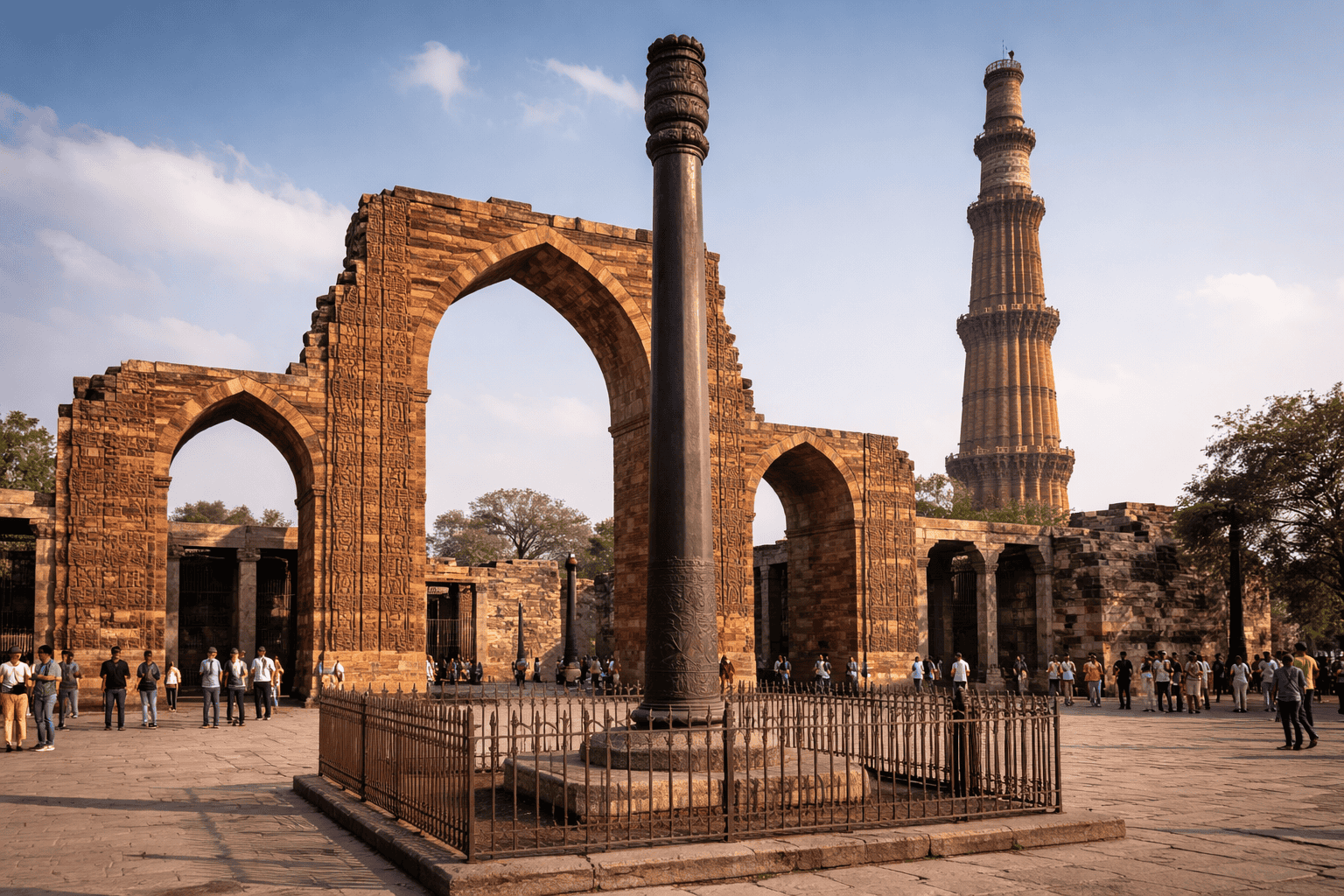 Ruinen einer alten Steinstruktur mit großen Bögen, die Eiserne Säule von Delhi in der Mitte und der hohe Qutub Minar-Turm im Hintergrund. Viele Besucher versammeln sich im offenen Innenhof unter strahlend blauem Himmel. | alien-fakten.de