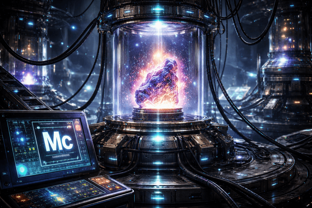Ein glühender, violetter Meteorit - der möglicherweise das Element 115, Moscovium, enthält - schwebt in einer futuristischen Glaskammer, umgeben von Kabeln und High-Tech-Maschinen. Ein digitales Bedienfeld im Vordergrund zeigt das Symbol Mc inmitten blauer und oranger Lichter an. | alien-fakten.de