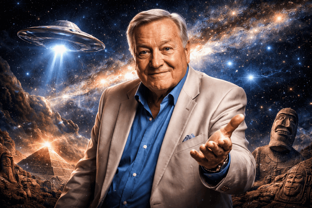 Ein älterer Mann in einem beigen Anzug und einem blauen Hemd lächelt und gestikuliert in Richtung Kamera. Er steht vor einem kosmischen Hintergrund mit Sternen, Pyramiden, UFOs, Moai-Statuen und antiken Ruinen - eine Anspielung auf die von Erich von Däniken erforschten Geheimnisse und antike Aliens. | alien-fakten.de