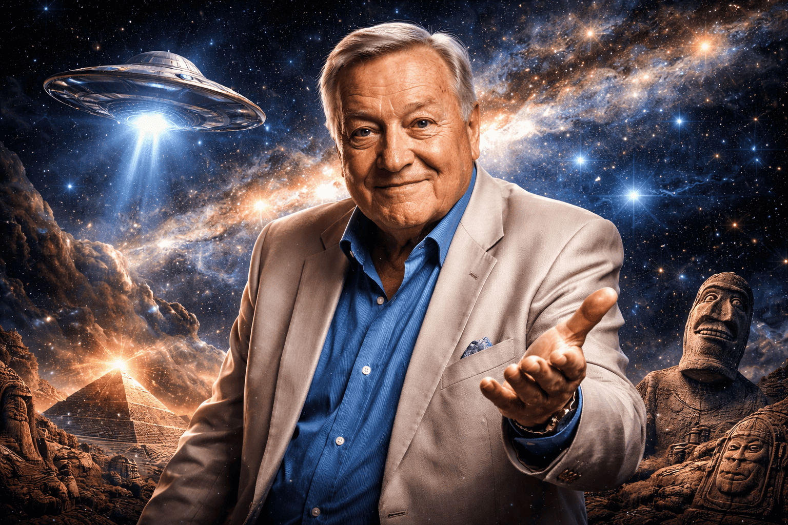 Ein älterer Mann in einem beigen Anzug und einem blauen Hemd lächelt und gestikuliert in Richtung Kamera. Er steht vor einem kosmischen Hintergrund mit Sternen, Pyramiden, UFOs, Moai-Statuen und antiken Ruinen - eine Anspielung auf die von Erich von Däniken erforschten Geheimnisse und antike Aliens. | alien-fakten.de