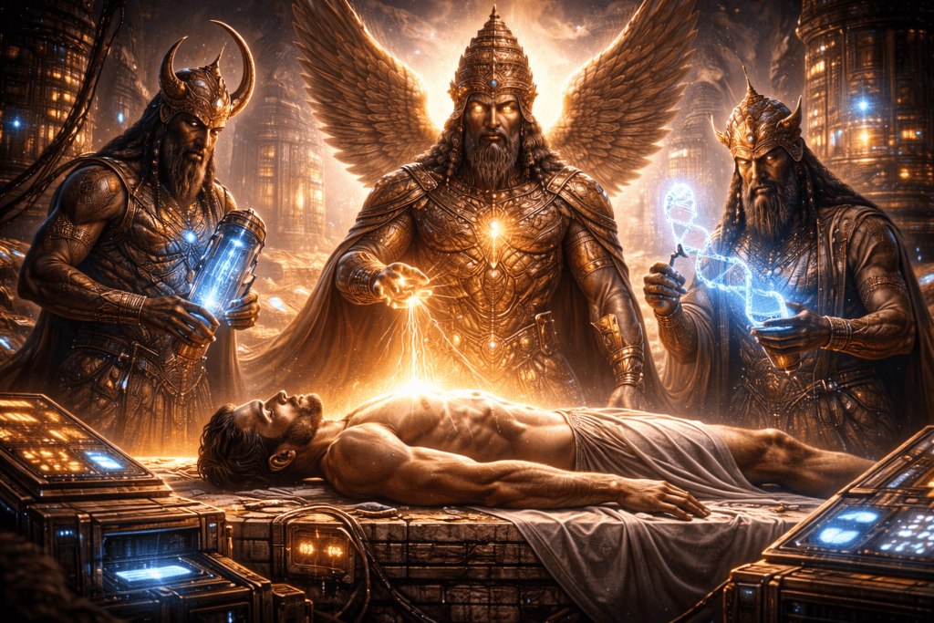 Ein hemdsärmeliger Mann, vielleicht Adamu, liegt auf einem futuristischen Tisch, während drei gepanzerte Wesen mit leuchtenden Elementen und Flügeln über ihm stehen und seine Erschaffung durch die Manipulation von Licht und Energie in einer dramatischen, sci-fi-mythologischen Umgebung orchestrieren. | alien-fakten.de