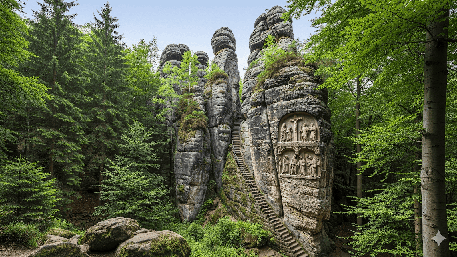Hohe Felsformationen in einem üppigen grünen Wald, mit einer Treppe, die zu detaillierten religiösen Schnitzereien führt, die menschliche Figuren und Bögen darstellen, die direkt in die Felswand gemeißelt sind. | alien-fakten.de