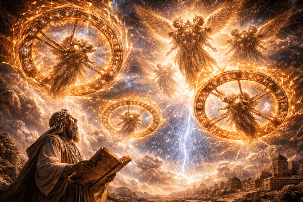 Ein bärtiger Mann, der ein aufgeschlagenes Buch in der Hand hält, blickt auf vier feurige, geflügelte Engelwesen mit glühenden Rädern an einem dramatischen Himmel - eine ehrfurchtgebietende Szene aus der Ezechiel-Vision über einer alten Stadt. | alien-fakten.de