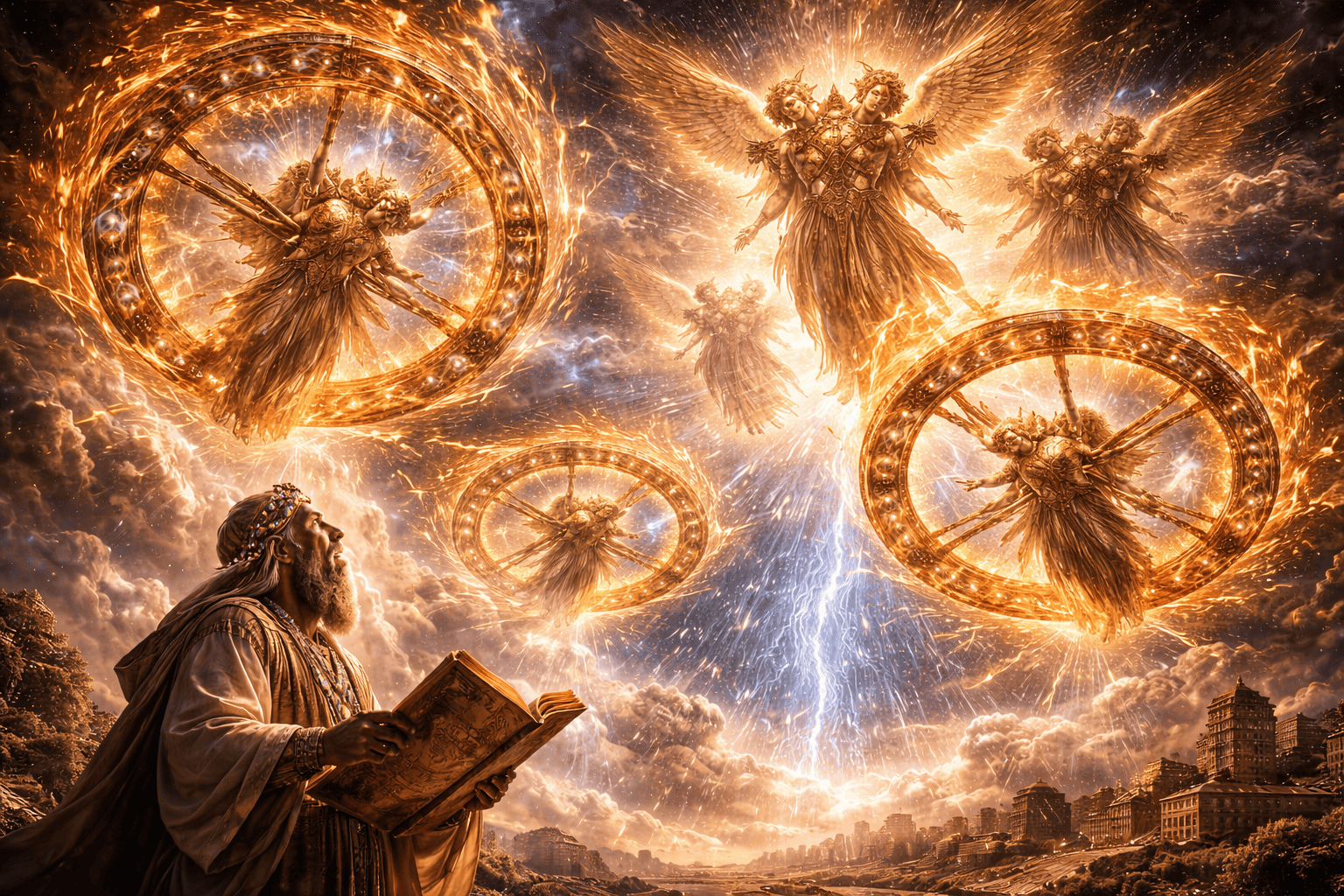 Ein bärtiger Mann, der ein aufgeschlagenes Buch in der Hand hält, blickt auf vier feurige, geflügelte Engelwesen mit glühenden Rädern an einem dramatischen Himmel - eine ehrfurchtgebietende Szene aus der Ezechiel-Vision über einer alten Stadt. | alien-fakten.de